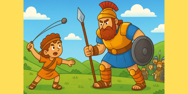 História bíblica infantil Davi enfrenta o gigante Golias