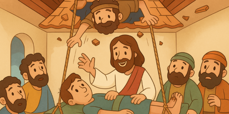 História bíblica infantil Jesus cura o paralítico descido pelo telhado