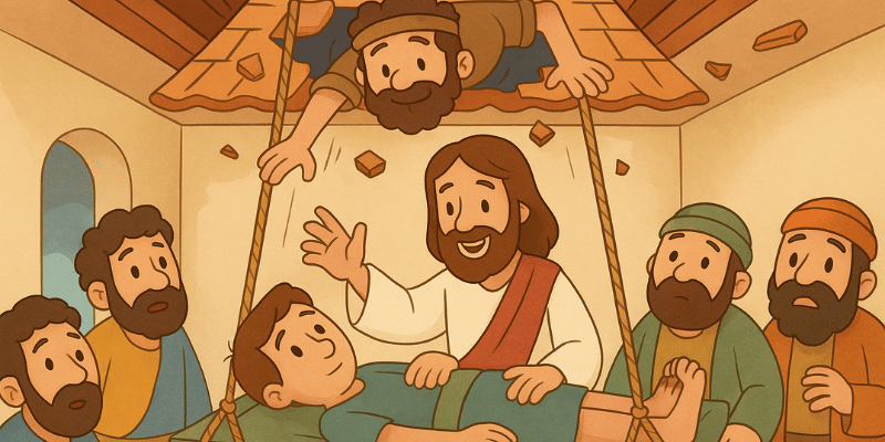 História bíblica infantil Jesus cura o paralítico descido pelo telhado