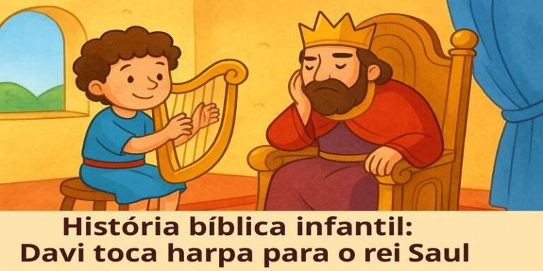 Historia biblica infantil Davi toca harpa para o rei Saul